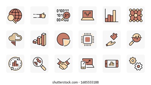 Yellow Set Data Analysis Related Technology Vector Line Icons. Contains such Icons as Charts, Search, Graphs, Traffic Analysis, Big Data and more. Editable Stroke. 32x32 Pixel Perfect