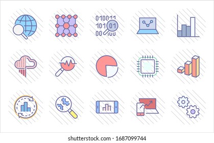 Yellow Set Data Analysis Related Technology Vector Line Icons. Contains such Icons as Charts, Search, Graphs, Traffic Analysis, Big Data and more. Editable Stroke. 32x32 Pixel Perfect