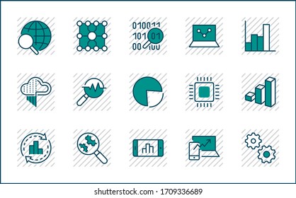 Yellow Set Data Analysis Related Technology Vector Line Icons. Contains such Icons as Charts, Search, Graphs, Traffic Analysis, Big Data and more. Editable Stroke. 32x32 Pixel Perfect