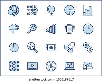 Symbole der gelben Datenanalyse im Zusammenhang mit Technologie-Vektorgrafik-Linien. Enthält Symbole wie Diagramme, Suchfunktionen, Grafiken, Verkehrsanalyse, Big Data und mehr. Bearbeitbarer Stroke. 32 x 32 Pixel perfekt