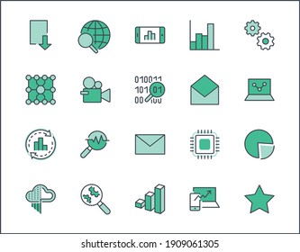 Yellow Set Data Analysis Related Technology Vector Line Icons. Contains such Icons as Charts, Search, Graphs, Traffic Analysis, Big Data and more. Editable Stroke. 32x32 Pixel Perfect