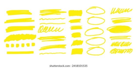 Yellow set highlighter elements. Underline element, color text mark. Markers brushes underline neoteric vector set
