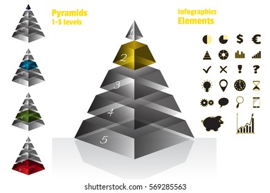 Yellow set of isometry symmetrical pyramid charts, diagram 5 levels with glass texture. Elements infographics. Vector