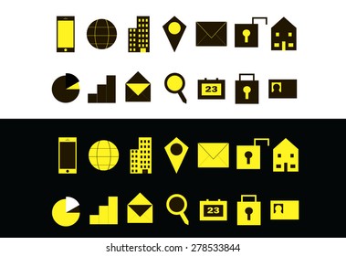 Yellow set of modern communication web icons for business cards, presentations, templates, and other design  - two versions of each symbol provided for quality on both light and dark backgrounds