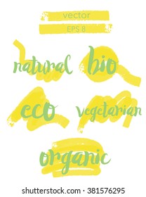 yellow set of organic labels on a white background. 
label with the text: natural, bio, eco, vegaterian, organic. Vector set sketched design elements for banner, scrapbook, craft, card, poster. 