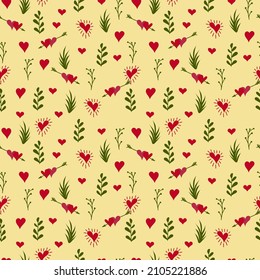 Un ensemble jaune de motifs harmonieux pour la Saint-Valentin mesurant 1000 par 1000 pixels avec coeurs et fleurs, gribouillage. Images vectorielles