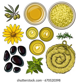 yellow set of spa salon accessories - basalt stones, massage oil, towel, candles, aromatic salt, sketch vector illustration on white background. Spa set - stones, massage oil, rolled up towel, candles