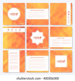 Yellow set of square template brochure. Business, science, medicine and technology design. Cover layout. Background with yellow triangles .