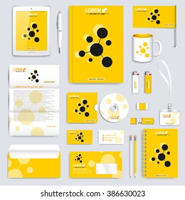 Yellow set of vector corporate identity template. Modern business stationery mock-up. Branding design with molecule logo . Medicine, science, technology concept.