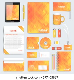 Yellow set of vector corporate identity template. Modern stationery mock-up. Background with  yellow triangles. Business, science, medicine and technology design.