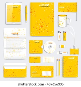 Yellow set of vector corporate identity template. Modern medical stationery mock-up. Branding design with molecule. Medicine, science, technology concept
