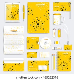 Yellow set of vector corporate identity template. Modern business stationery mock-up. Branding design with molecule logo . Medicine, science, technology concept