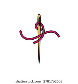 a yellow sewing needle with pink thread wrapped around it