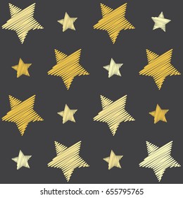 Yellow shade stars with machine embroidery texture on grey background, stitch effect seamless vector pattern. Illustration with embroidered star sparkles. Cosmic abstract graphic design. 