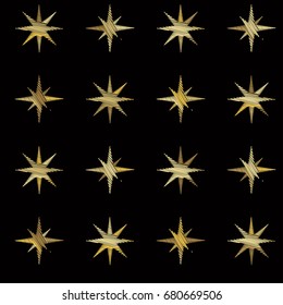 Yellow shade stars with machine embroidery texture on grey background, stitch effect seamless vector pattern. Illustration with embroidered star sparkles. Cosmic abstract graphic design. 