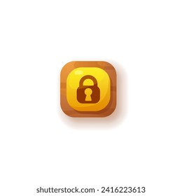 Yellow shape with brown padlock icon 3D style, vector illustration isolated on white background. Decorative UI game design element for app or web, interface