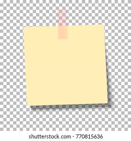 Yellow sheet of note paper with adhesive tape on a transparent background. Vector illustration