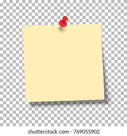 Yellow sheet of note paper with push pin on a transparent background. Vector illustration