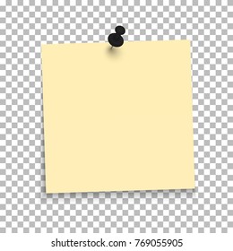Yellow sheet of note paper with push pin on a transparent background. Vector illustration