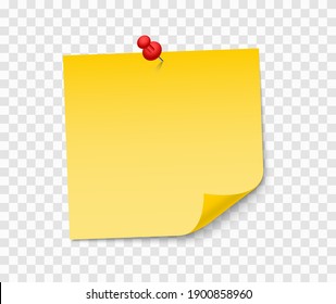 Yellow sheet of note paper with red push pin. Sticky note with curl and shadow. Realistic paper sticker for your message. Design element for advertising and promotional.