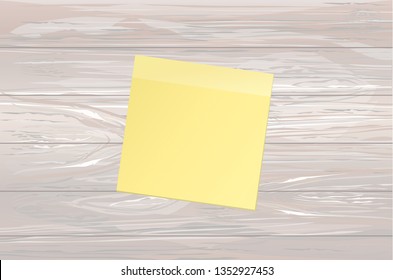 Yellow sheet of paper for notes. Sticker on wooden background. Vector illustration.