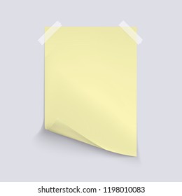 Yellow sheet of paper on light gray background. Vector realistic illustration. A4 sheet with curled corner eps 10