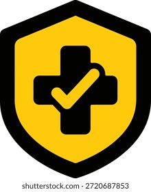 A yellow shield with a black cross and checkmark symbolizing health and safety