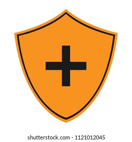 Yellow shield and black cross. First aid kit symbol. Vector icon.
