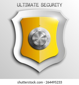 Yellow Shield Combination Lock isolated on background. Defense sign Protection concept. Safety badge icon. Privacy banner. Security label. Defense tag. Presentation sticker shape. Vector illustration