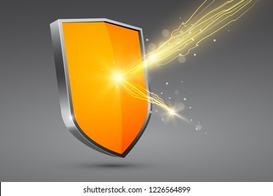 Yellow shield with lightning, firewall concept, vector illustration