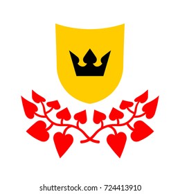 Yellow shield with little black crown, red floral ornament below. Heraldry.