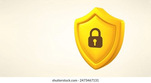Yellow shield with lock sign isolated on white background. 3d vector banner with copy space