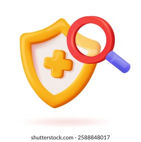 A yellow shield with a medical cross and a red magnifying glass inspecting it. The background is white. Concept of security, protection, and health inspection. Soft cartoon style vector illustration