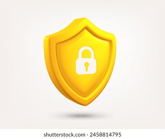 Yellow shield with padlock isolated on white background. 3d vector illustration