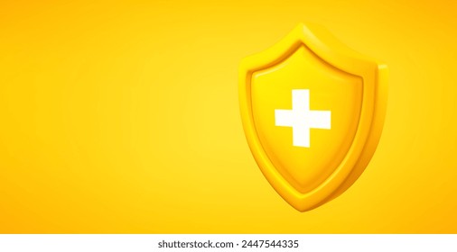 Yellow shield with plus sign isolated on yellow background. 3d vector banner with copy space