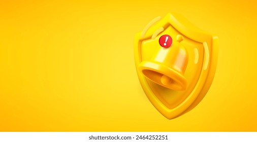 Yellow shield with ringing bell isolated on yellow background. 3d vector banner with copy space
