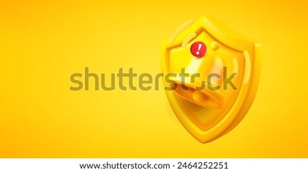 Yellow shield with ringing bell isolated on yellow background. 3d vector banner with copy space
