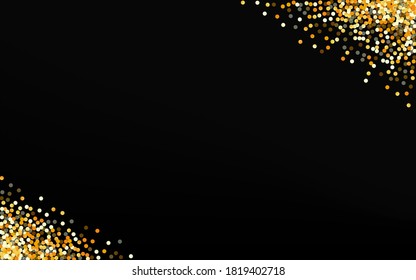 Yellow Shine Festive Black Background. Happy Rain Design. Gold Round Glamour Texture. Polka Light Background.