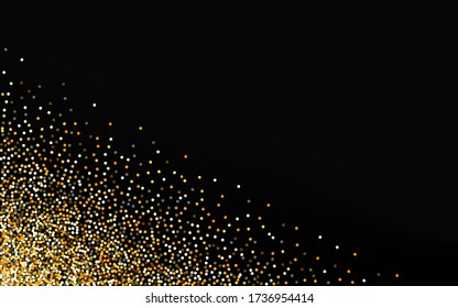 Yellow Shine Light Black Background. Modern Dust Banner. Gold Polka Luxury Background. Sequin Transparent Design.