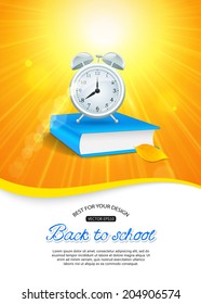 Yellow shining back to school background with realistic book, alarm clock and place for text. Vector illustration.