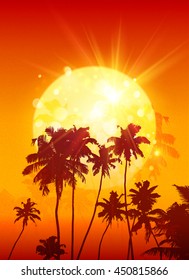 Yellow shining moon with black palm trees silhouettes on orange vector background