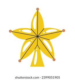 Yellow shining star topper Christmas tree decoration. Cute vector illustration.