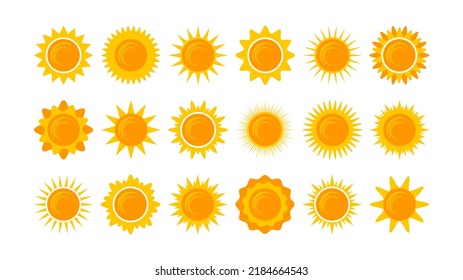 Iconos solares brillantes amarillos. Símbolos vectoriales de verano, objetos aislados del cielo de la naturaleza sobre fondo blanco
