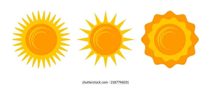 Yellow shining sun icons set. Vector summer symbols, isolated nature sky objects on white background