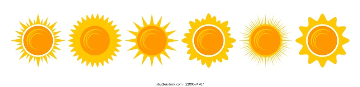 Yellow shining sun icons set. Vector summer symbols, isolated nature sky objects on white background