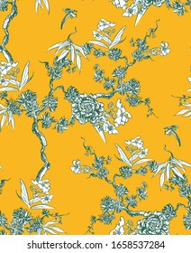 Yellow Shinoiserie Vintage Wallpaper Blooming Floral Trees with Little birds, Chinese Exotic Design