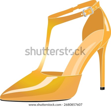 Yellow shiny T strap high heels side view vector illustration 