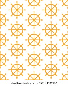 Yellow ship, boat helms simple nautical seamless pattern on white background. Hand drawn vector illustration. Childish style flat design. Concept for kids ocean textile print, wallpaper, packaging.