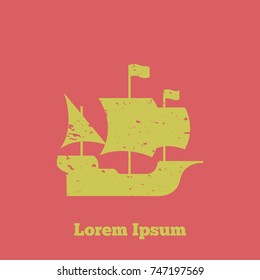 yellow ship with sails and shabby texture, silhouette, flat vector illustration
