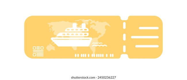 Yellow ship ticket with world map vector. Booking a ticket for travel. Tourist ticket for a cruise ship. Sea, ocean ticket vector. Boarding pass black icon.